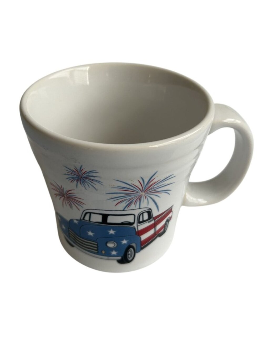 Homer Laughlin Fiesta White 4" Mug With Patriotic Truck & Fireworks 15oz.